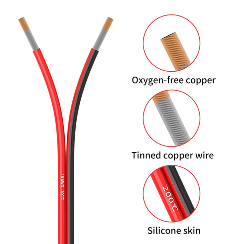 18 Gauge 2 Conductor 50FT Red Black Silicone Parallel Oxygen Free Tinned Copper Electrical Wire for LED Strips