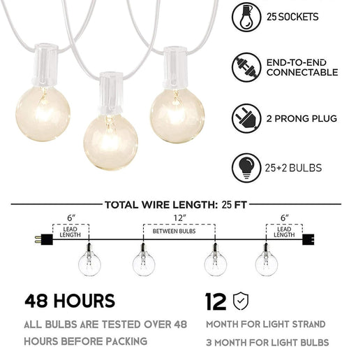 25FT 27 Bulbs Afirst White Outdoor String Lights with Globe Vintage Incandescent Lights for Patio Garden Backyard Party