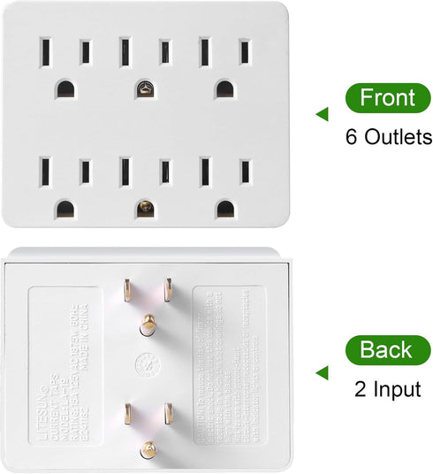 6 Outlet Wall Adapter, FiiMan UL Listed 3-Prong Grounded Outlet Side Access Adapter, White