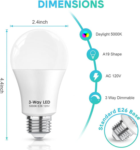 3 Way LED Light Bulbs, 50 100 150W Equivalent, Daylight White 5000K, A19 Three Way Light Bulbs, 8 Pack