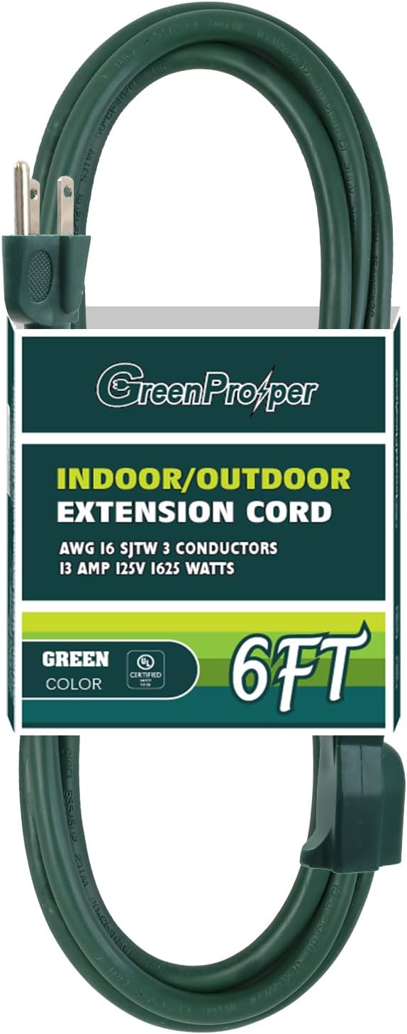 6 Ft Indoor Outdoor Green Extension Cord, 16 Gauge Waterproof Electrical Cable, 13A 1625W 16/3 SJTW, UL Listed