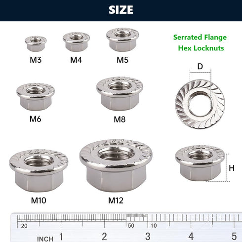 10-Pack M10-1.5mm Stainless Steel Serrated Flange Hex Nuts, Bright Finish, Anti-Rust Industrial Fasteners