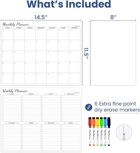 Clever Clean Non-Magnetic Calendar Set, Dry Erase Monthly Calendar, Weekly Planner, Blank Whiteboard for Fridge, Smooth