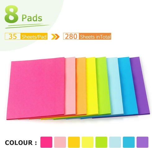 Sticky Notes, 8x6 inch, Bright Colors, Self-Stick Pads, 8 Pads/Pack, 35 Sheets/Pad, Total 280 Sheets