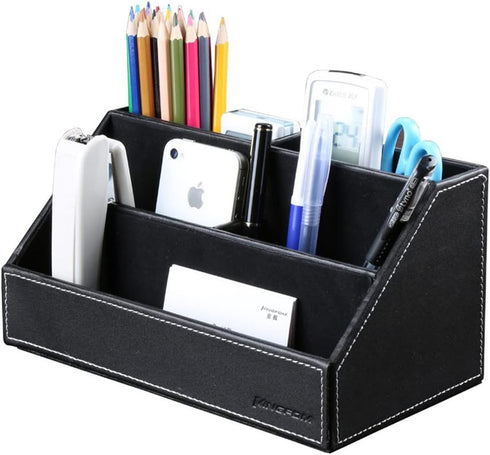 KINGFOM Pu Leather Desk Organizer with 5 Compartments for Office Supplies, Black