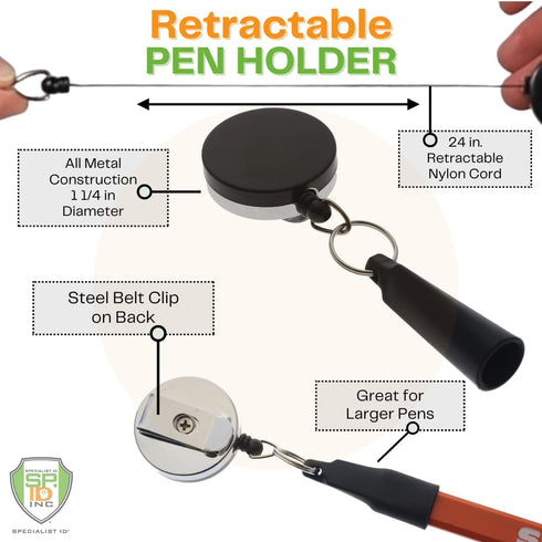 Specialist ID 2 Pack Heavy Duty Retractable Pull Pen Holder, Ideal for Markers & Carpenter Pencils, Nylon Cable & Metal