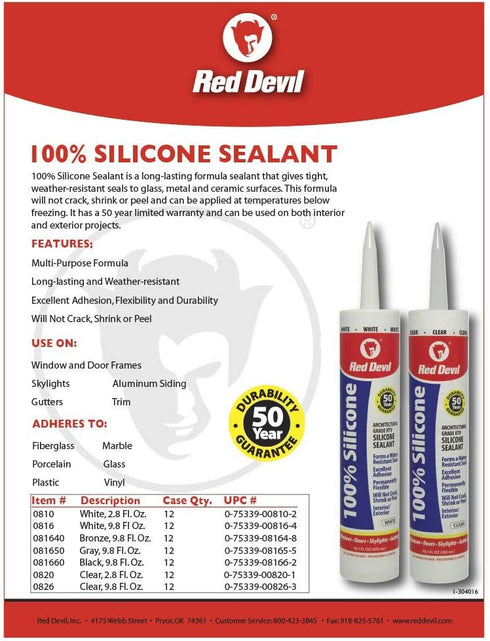 Red Devil 081650 100% Silicone Architectural Grade RTV Sealant, A Water-Resistant Adhesive for Interior and Exterior Use, 2.8 oz. Tube, Gray, 1-Pack by Red Devil
