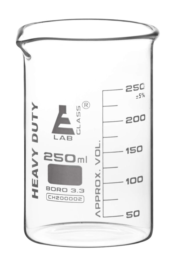 EISCO Heavy Duty Beaker, 250ml, 5mm Thick, Borosilicate 3.3 Glass with White Graduations