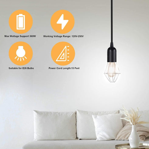 Simple Deluxe E26 15ft-Black-2Pack Hanging Lantern Extension Cord Cable, Plug-in Pendant Light Socket with On/Off
