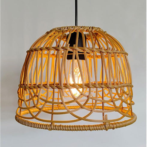 Bulb 4*AA Outdoor Pendant Light Chandelier for Gazebo Battery Operated Boho Hanging Lamp Handmade Rattan Decorative