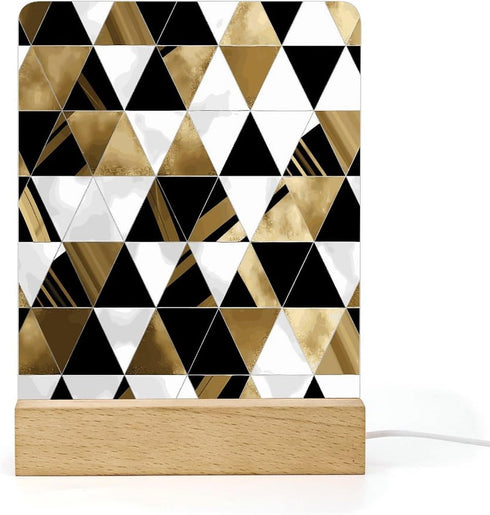 KNASNCHD Fashion Modern Black White Gold Triangles Night Light with Wood Base USB