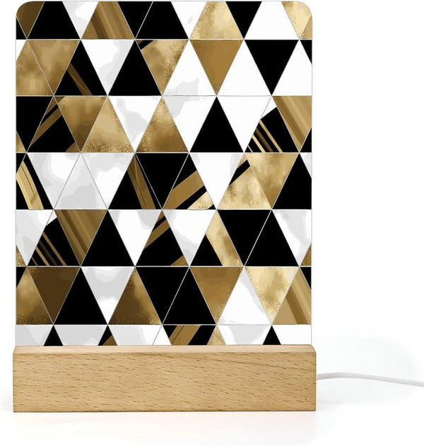 KNASNCHD Fashion Modern Black White Gold Triangles Night Light with Wood Base USB