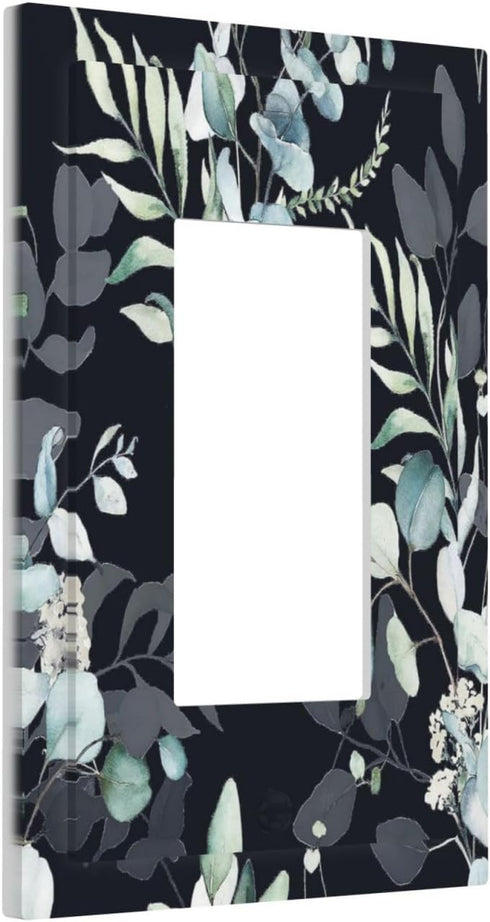 Decorative Switch Plate Covers, Boho Black/Grey Eucalyptus Leaf Floral 1 Gang Light Switch Cover for Home Decor