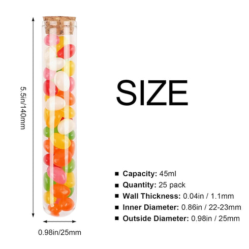 DEPEPE 25pcs 45ml Glass Test Tubes 25 x 140mm with Cork Stoppers for Bath Salt Candy Storage Science Lab Party