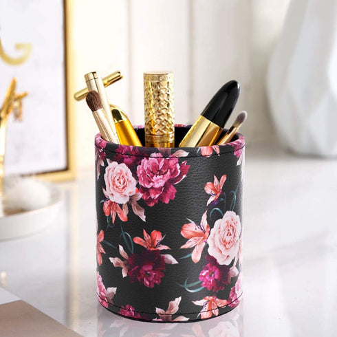 Pen Pencil Holder, WAVEYU Floral Flower Pattern Pen Cup Container, PU Leather Desk Organizer for Office Home Decoration