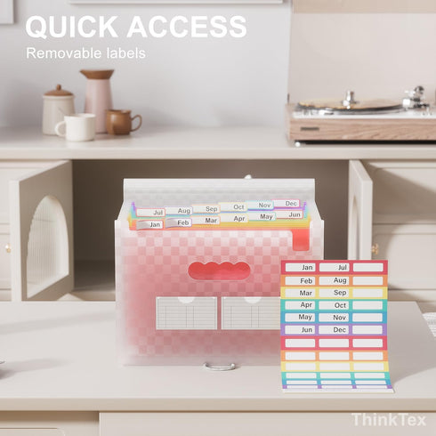 ThinkTex Accordion File Organizer, 12-Pocket Expanding Folders for Paper Receipts, Bills & Taxes, Pink
