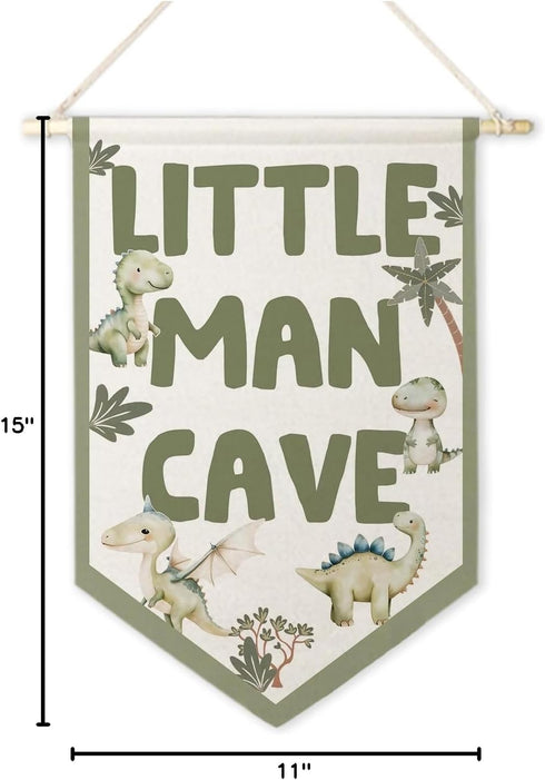 ArtisaEura Little Man Cave Wall Canvas Banners,Dragon Nursery Decor, Sage Green Dinosaur Dragon Hanging Display Pennant