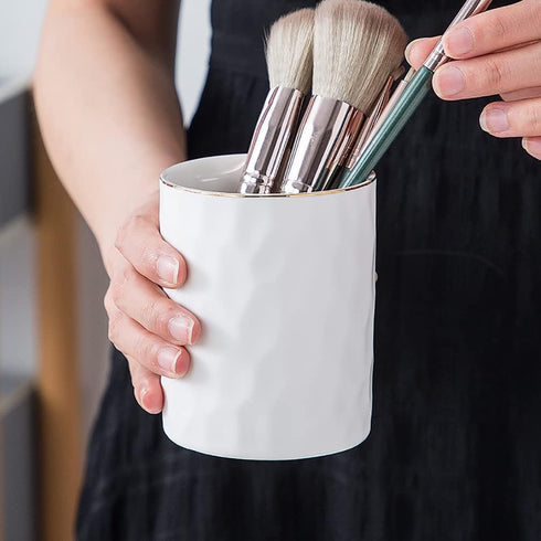 Ceramic Pen Holder Stand, Cup Pencil Holder Organizer for Makeup Brushes, Home Office Desk (White)