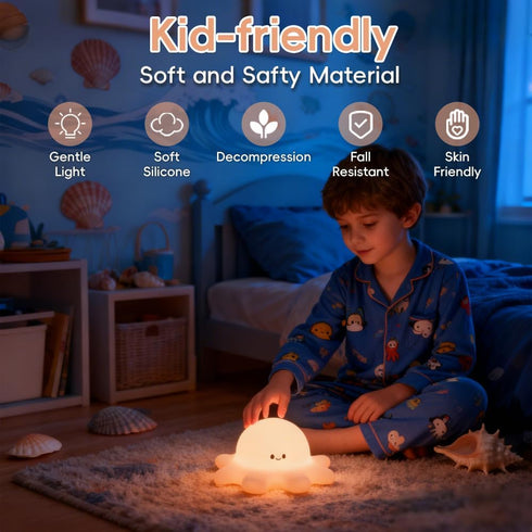 AINEEU 3-Level Dimmable Octopus Night Light, Rechargeable and Brightness, Soft Silicone Nursery Night Light with Timer