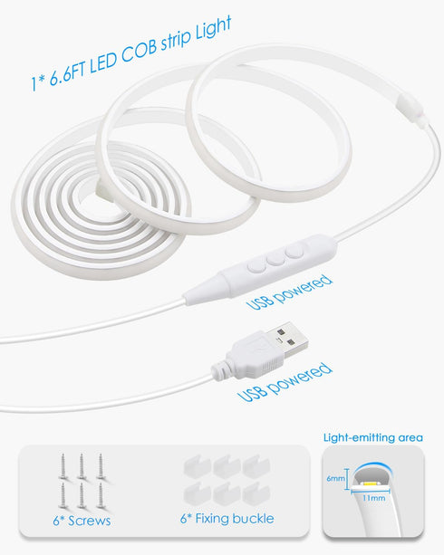 2M 6.6FT 5V Dimmer 6000K Dimmable 640LEDs/2M IP67 COB LED Rope Light Outdoor USB Powered LED Light Strip with Daylight