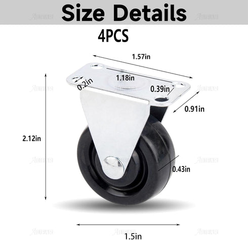 AUEAR, 4 Pack 1.5 Inch Rubber Caster Wheels Heavy Duty Fixed Black Casters with Rigid Non-Swivel Top Plate for Furniture