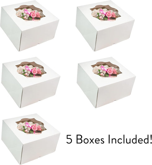 8 8 5 Inches, 5 Count Global Sugar Art Auto-Popup Deep Square Cake Box with Window, White x x