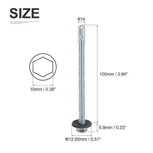 #14x4" Hex Washer Head Self Drilling Screws with EPDM Washer - 25 Pack, Carbon Steel Self Tapping Metal Sheet Screws