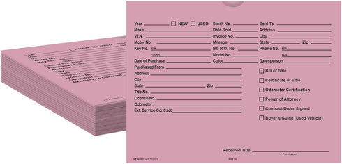 Printed Vehicle Deal Envelopes 9x12 Deal Jackets (100 shrink wrapped) (Pink)