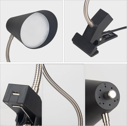 1 360Rotation LED Clip on Desk Lamp with USB Charging Port, Portable Gooseneck Clip on Lamp, Clamp Light Modern Table