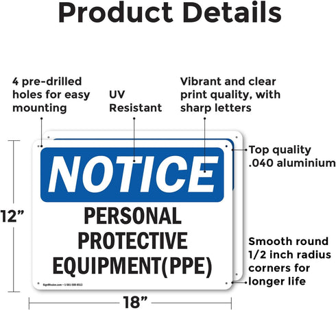 (2 Pack) Personal Protective Equipment (PPE) OSHA Notice Sign 18" X 12" Indoor/Outdoor Rust-Free Aluminum Metal Signs