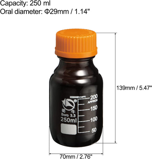 PATIKIL 250mL Reagent Media Bottle, 1Pcs Round 3.3 Borosilicate Glass Graduated Storage Bottle with Yellow Screw Cap for Chemistry Lab Universities Home, Amber