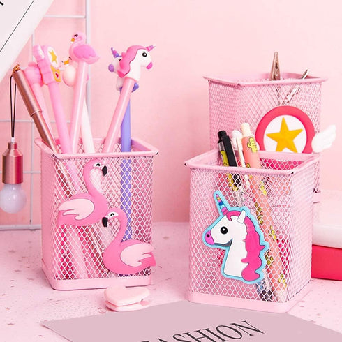 Trycooling 2 Pack Metal Cute Pen Pencil Holder, Office Home Desk Square Cup Caddy for Girls