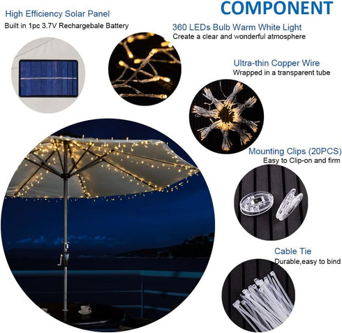 360 Patio Umbrella Lights, Solar Waterproof Umbrella String Lights with Warm White LED, Fairy String Lights Perfect
