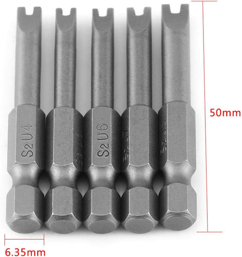 U Shaped Screwdriver Bit Set, 5 Pcs S2 Alloy Steel 50mm Length, 1/4" Hex Shank