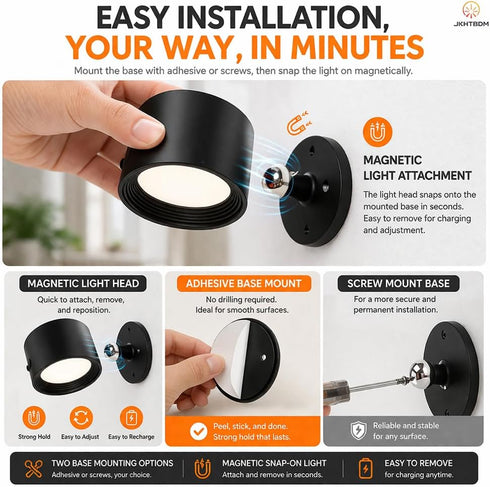 JKHTBDM 3 Dimmable, 360 (2 Pack) Wall Mounted Lights,Rechargeable RGB Color Changing Wall Sconces, Color Temps & Remote