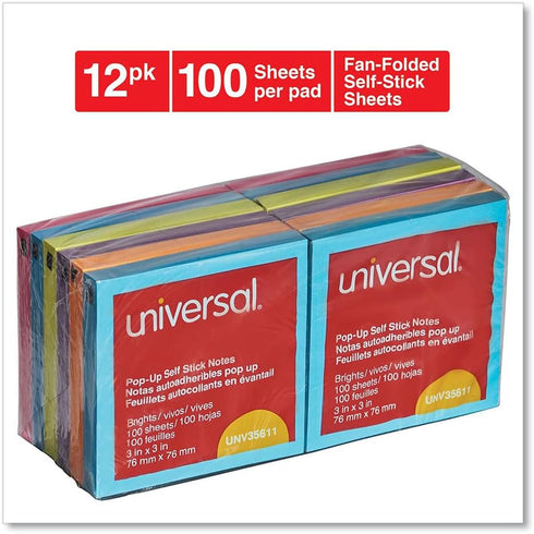 Universal UNV35611 100 Sheet 3 in. x 3 in. Fan-Folded Self-Stick Pop-Up Note Pads - Assorted Bright Colors (12/Pack) by Universal