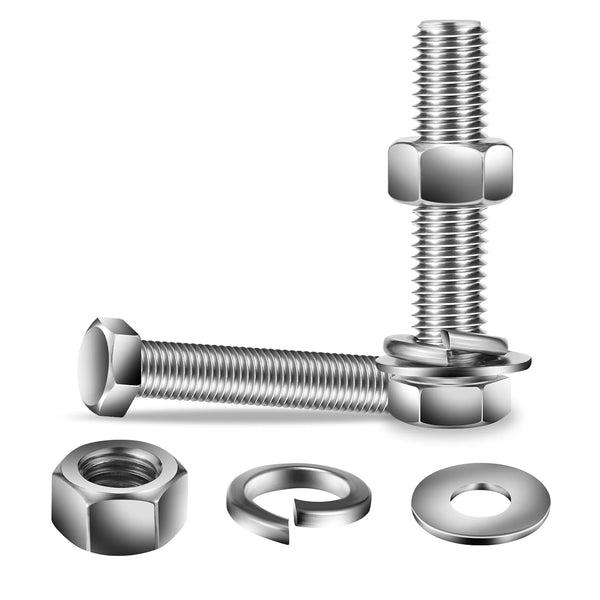 5/16-18 x 3" Hex Head Screw Bolt, Nuts, Flat & Lock Washers, 10Pcs 18-8 Stainless Steel Fully Threaded