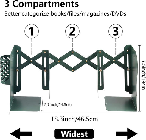 YIRUIDD Adjustable Bookends for Shelves, Metal Bookends for Heavy Books, Book Stopper Organzier with Pen Holder