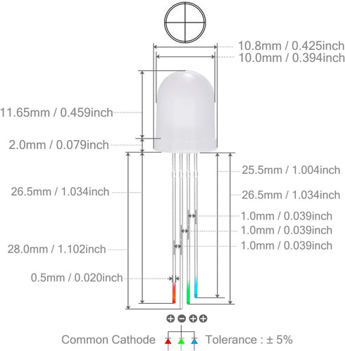 CHANZON 50 pcs 10mm RGB Multicolor Diffused LED Diode Lights Common Cathode (Frosted Round 3 Color) for Electronics