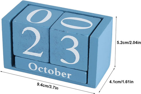 European Perpetual Wooden Calendar, Desktop Block Wood Calendar DIY Yearly Planner, 9.4 x 5.2 x 4.1cm (Blue)