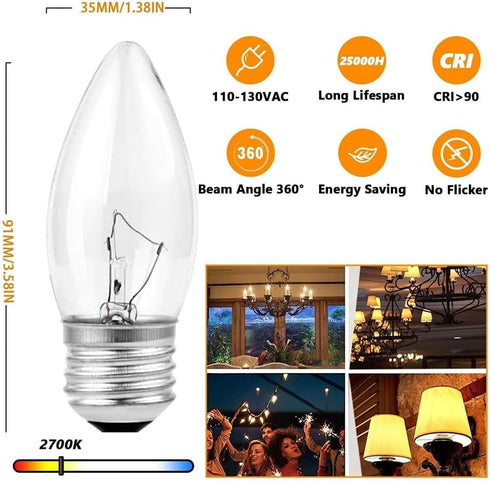 Jacqings B11 C35 40W E26 Bulbs 120V Dimmable, 2700K (6 Pack) Lighting Torpedo Clear CTC Base Decorative Incandescent