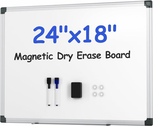 Magnetic White Board Kit for Wall, 24" x 18", Includes 1 Dry Eraser, 2 Multicolor Markers, 4 Magnetic Pins, Aluminum