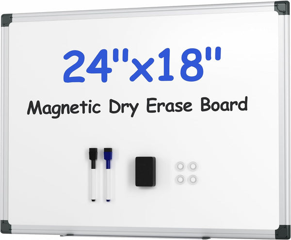 Magnetic White Board Kit for Wall, 24" x 18", Includes 1 Dry Eraser, 2 Multicolor Markers, 4 Magnetic Pins, Aluminum
