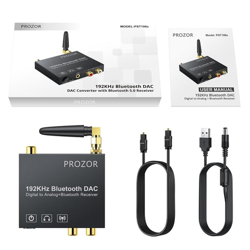 PROZOR 192k Digital to Analog Audio Converter with Bluetooth 5.0 Receiver, Digital Toslink Optical to 3.5mm Audio