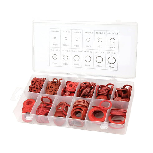 600PCS Red Steel Paper Fiber Flat Washers Kit - Insulation Washer Assorted Set with Box for Electrical Connections