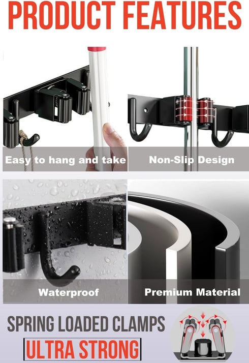 Mop and Broom Holder Wall Mount, Upgraded Broom Hanger Wall Mount, Stainless Steel Broom Organizer for Closet Garage Laundry Room Kitchen Wall Decor(5Racks 4Hooks Black) by FODARSAI