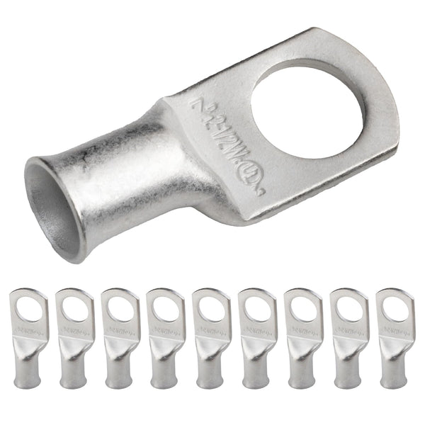SELTERM 10pcs 2 AWG-1/2 Stud Tinned Copper Wire Lugs - Heavy Duty Battery Cable Ends, UL Battery Lugs