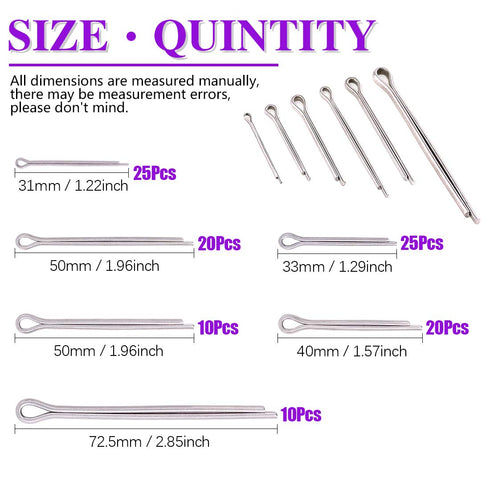 110Pcs 304 Stainless Steel Cotter Pin Clip Key Fastener Assortment Kit for Automotive Mechanics & Small Engine Repair