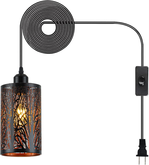 Industrial Black Plug in Pendant Light Vintage Mini Black Gold Hanging Lighting Rustic Hollow-Carved Cylinder Plug