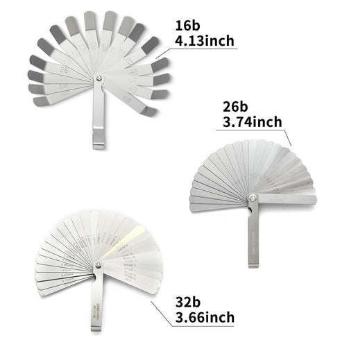 2 Pack Feeler Gauge with 32/26 Blades and 1 Pack Offset Feeler Gauge with 16 Blades - Stainless Steel Dual Marked